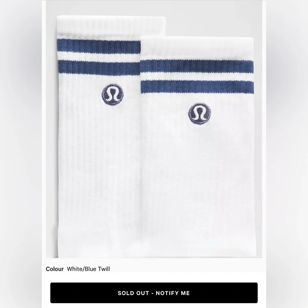 lululemon Crew Stripe Socks,White,Blue, Daily Essentials, L (9.5-12)